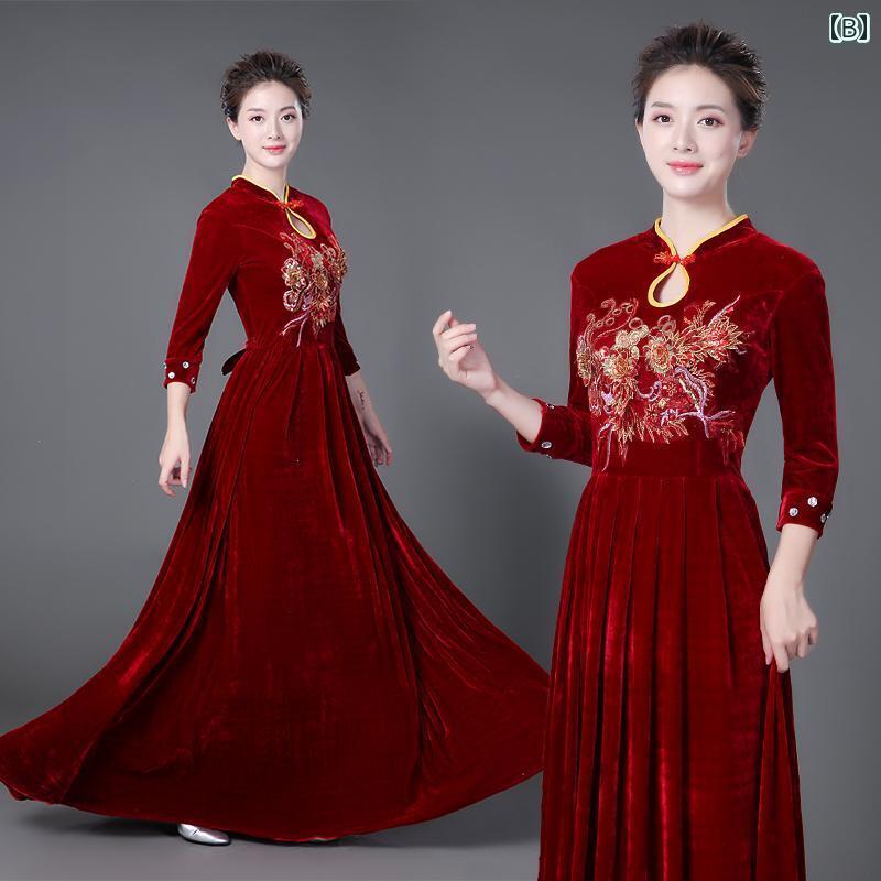 レディース ロングドレス 合唱団 ロング スカート ゴールド 起毛 ダンス オーケストラ 指揮者 大人 合唱団 演奏 衣装