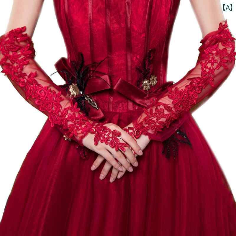 ブライダル アクセサリー ウェディング パーティー 結婚式 花嫁 婦 小物 ガーゼ 赤 手袋 レース ゆった..