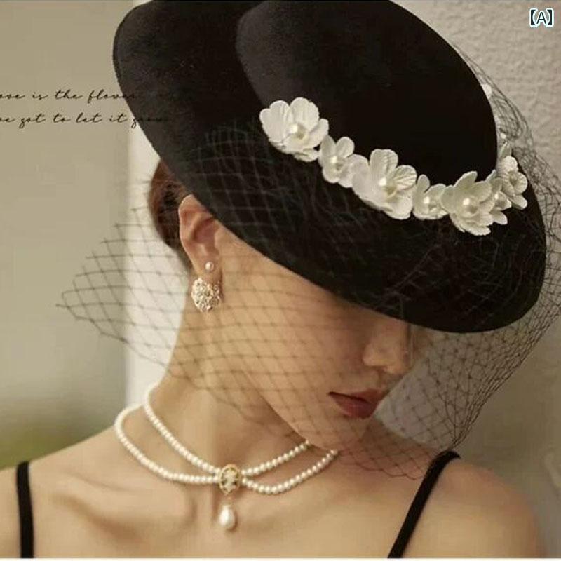 ブライダル アクセサリー ウェディング パーティー 結婚式 花嫁 婦 小物 レトロ フランス ギフト 帽子 手袋 レディース 黒 メッシュ 社交界 エレガント ...