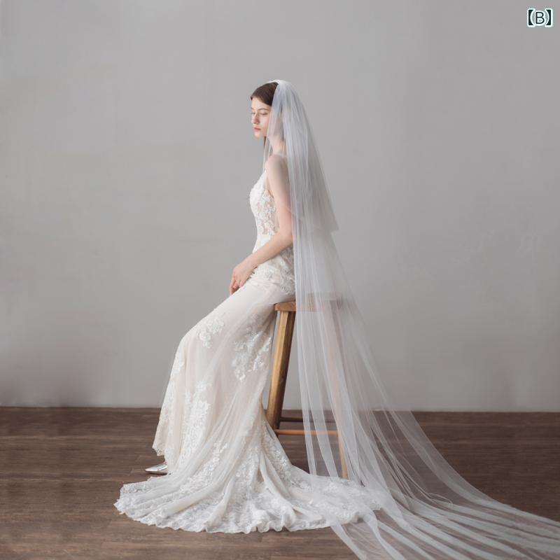 ブライダル アクセサリー ウェディング パーティー 結婚式 花嫁 婦 小物 スーパー ロング テーリング 結婚式 メイン ベール シンプル 白 二重層 屋外 セレモニー 旅行 写真撮影 ソフト ガーゼ 無地 ガーゼ