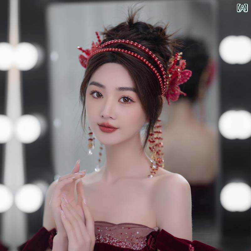 ブライダル アクセサリー 小物 ウェディング 結婚式 パーティー 婦 花嫁 舞台 小道具 コスプレ ヘッド ドレス 赤 ドレス 美しい 花 ヘアピン タッセル エレガント ヘッド バンド ヘア