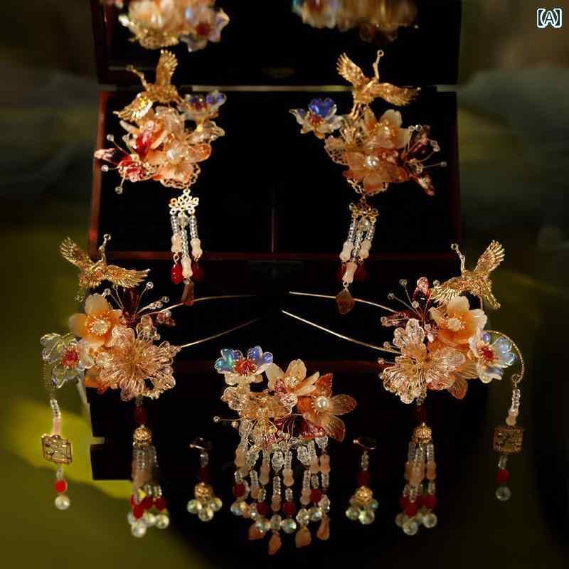 ブライダル アクセサリー 小物 ウェディング 結婚式 パーティー 婦 花嫁 舞台 小道具 コスプレ 頭飾り 中国 淡い 飛行 鶴 タッセル ヘアピン レトロ 漢服 服 レトロ ヘア