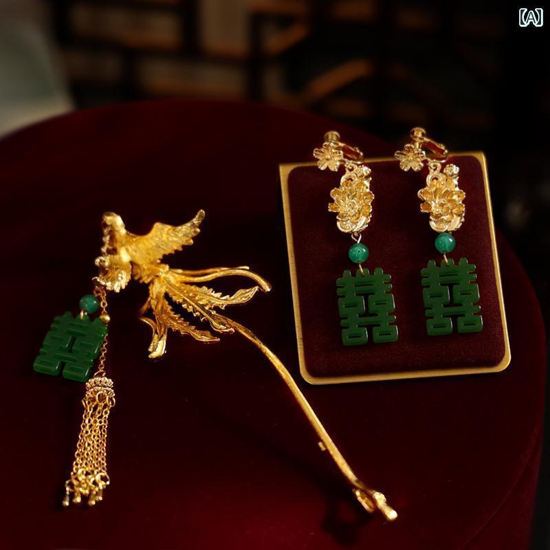 ブライダル アクセサリー 小物 ウェディング 結婚式 パーティー 婦 花嫁 舞台 小道具 コスプレ 頭飾り チャイナ風 レトロ 鳳凰 ダブルハピネス ヘアピン 金 鳳凰 ヘアピン レトロ 漢服 ヘアピン