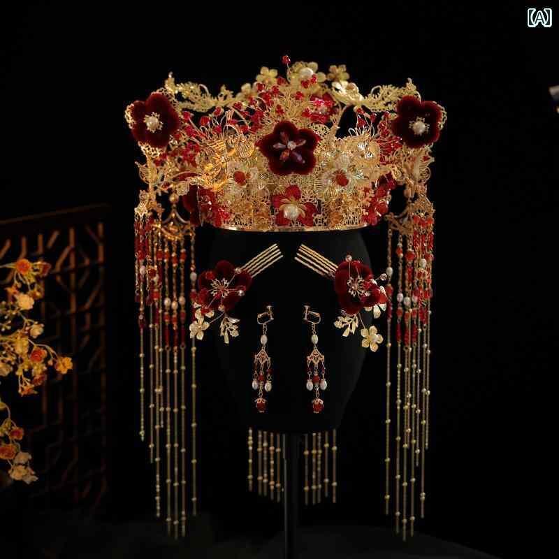 ブライダル アクセサリー 小物 ウェディング 結婚式 パーティー 婦 花嫁 舞台 小道具 コスプレ 頭飾り 中国 アンティーク 赤 起毛 フラワー タッセル フェニックス クラウン 大気 レトロ エスニック 秀和 ヘア