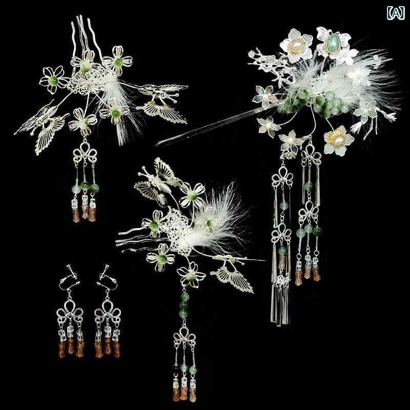 ブライダル アクセサリー 小物 ウェディング 結婚式 パーティー 婦 花嫁 舞台 小道具 コスプレ ヘッド ドレス 中国 アンティーク 軽量 涼しい カラー フェザー シルバー バタフライ タッセル ヘアピン クラシック アップ ヘア ヘア