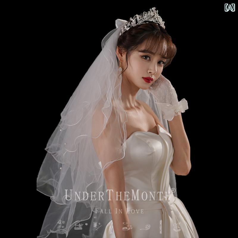 ブライダル アクセサリー 小物 ウェディング 結婚式 パーティー 婦 花嫁 舞台 小道具 コスプレ ドレス ベール フェアリー 写真 4 層 ふわふわ 白 ガーゼ パール ヘッド ドレス