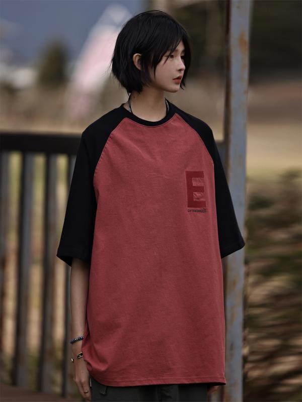 夏 カラー ブロック アメリカン レター 刺繍 ラウンドネック 半袖 綿 レディース Tシャツ Tシャツ