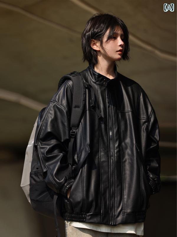 アメリカン スタンドカラー ブラック レトロ ストリート ライチ 柄 スタンドカラー レザージャケット