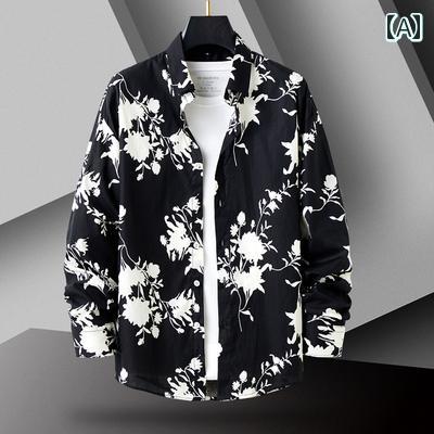 襟 休暇 海辺 床屋 カジュアル 花柄 プリント 花柄 シャツ 長袖