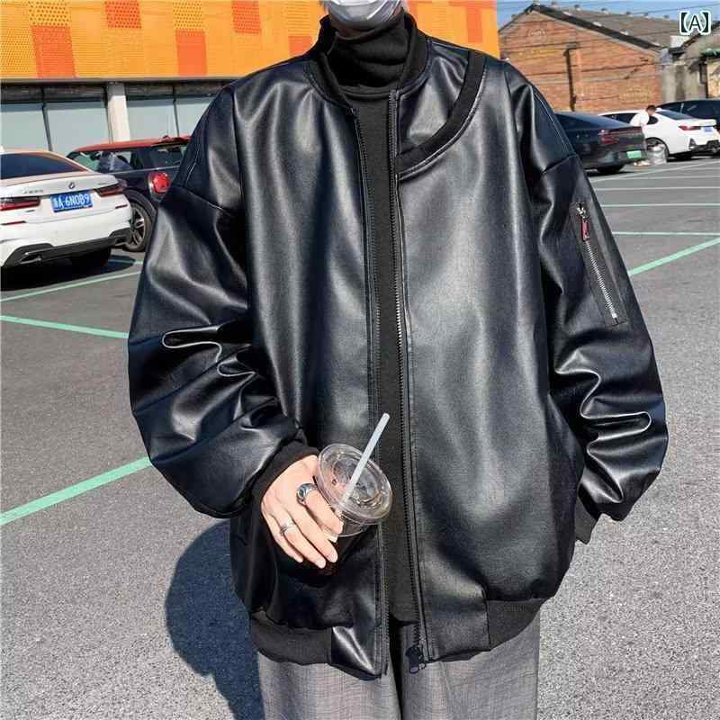 カップル 無地 シンプル レザージャケット レトロ オートバイ レザージャケット(4)