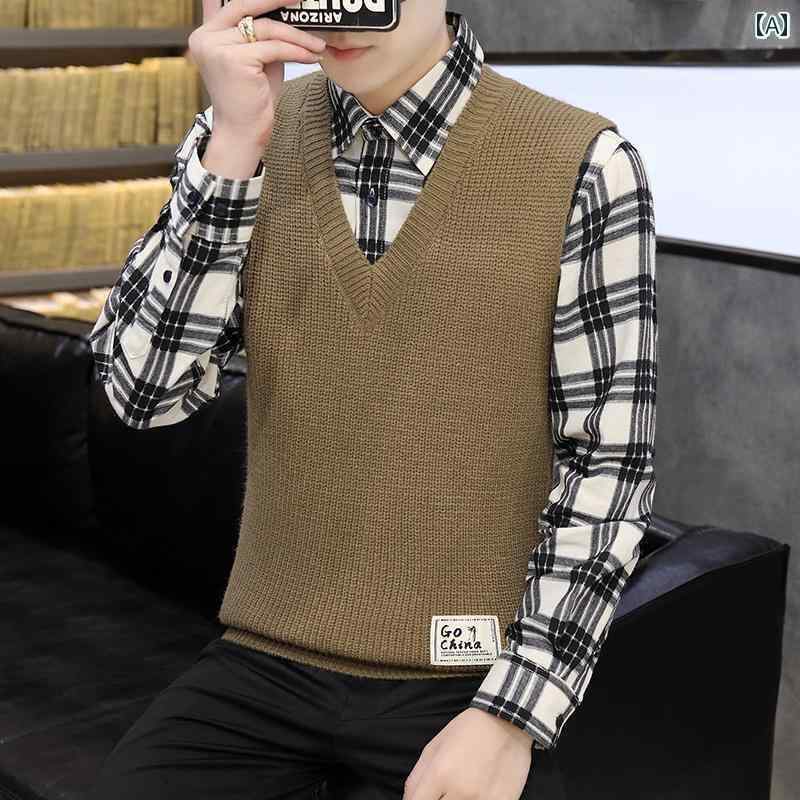 メンズ レトロ 春秋 セーター ベスト Vネック スリム プルオーバー 無地 シンプル ベスト トップスス