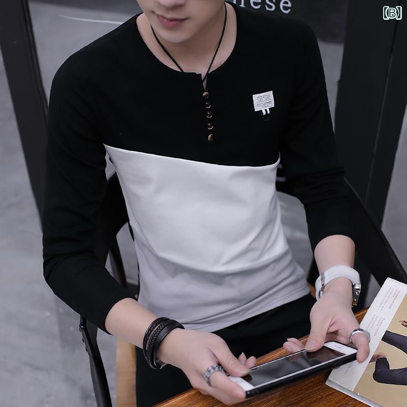 メンズ ラウンドネック シャツ 長袖 Tシャツ 秋 スリム フィット インナーシャツ