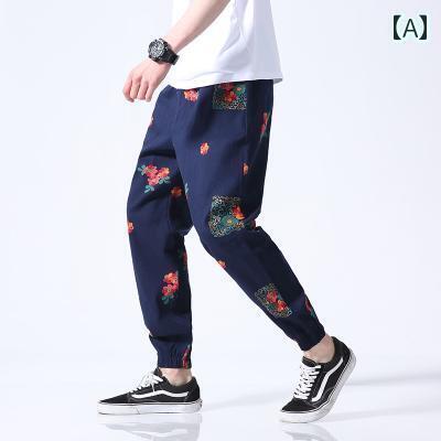 メンズ 春秋 プリント パンツ カラー ブロッキング パンツ カジュアル パンツ ストライプ パッチ 美容..