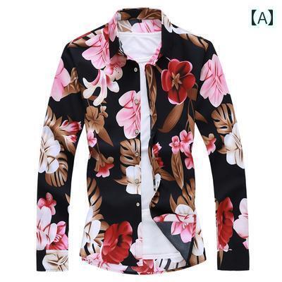 メンズ 季節 ロング アンテーク トップスス シャツ プリント 長袖 シャツ フラワー ヘア サロン スタッフ キャバ