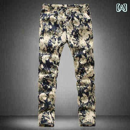 メンズ 季節 ストレート パンツ プリント チャイナ風 花 ストレッチパンツ 巾着 カジュアル パンツ レ..