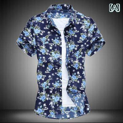 メンズ スリム フィット 海辺 ホリデー 花柄 シャツ 半袖 夏 プリント 大きいサイズ 半袖