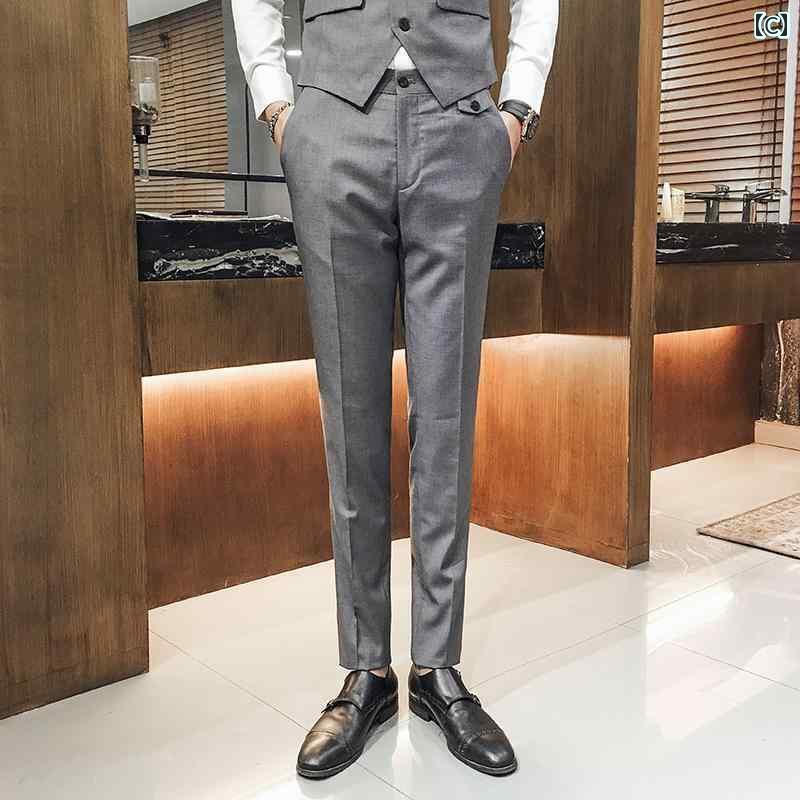 春 メンズ スリム フット ビジネス カジュアル フォーマルスーツ パンツ 薄手 涼しい 韓国 裾細 スーツ パンツ