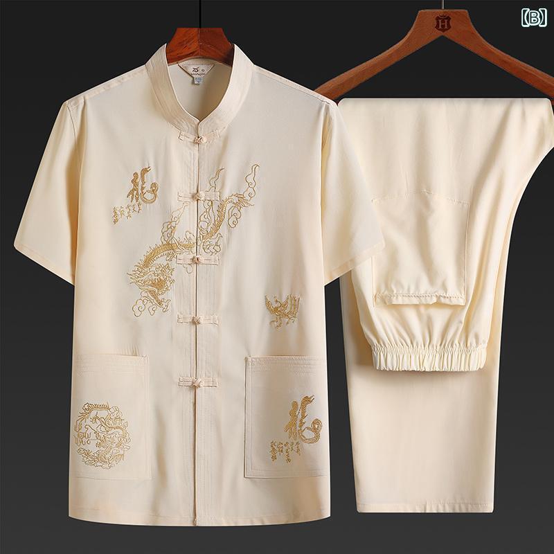 メンズ 夏 赤 唐 スーツ ドラゴン 刺繍 半袖 シャツ スーツ 誕生年 2点 セット