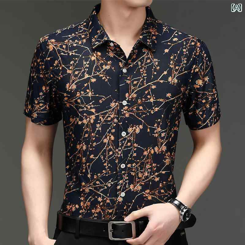 メンズ ビジネス カジュアル 夏 半袖 花柄 シャツ 枝 柄 プリント シャツ
