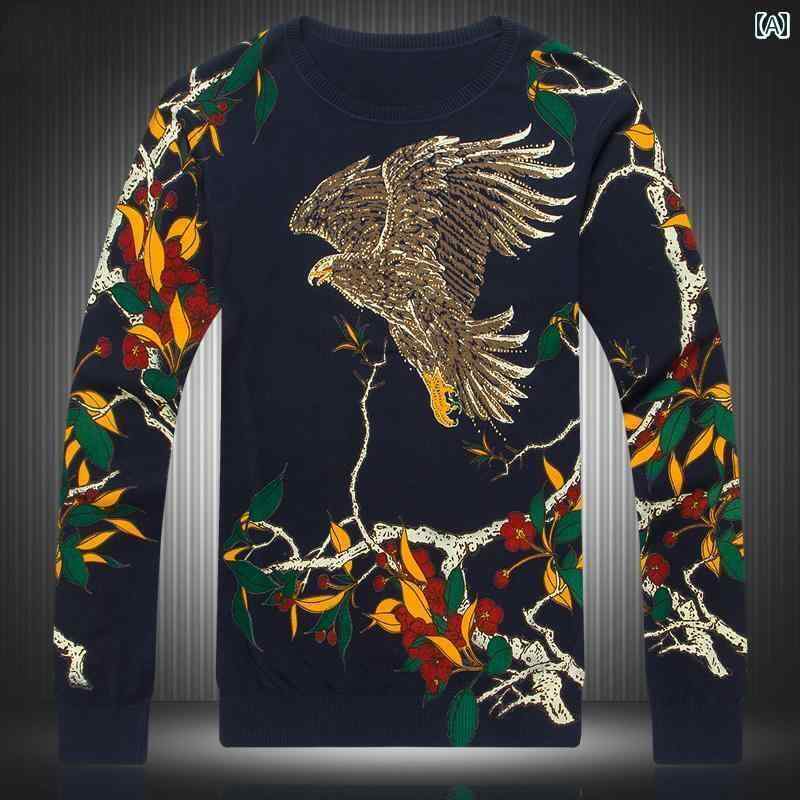 メンズ 長袖 ラウンドネック ニット Tシャツ イーグルカラー 花木 柄 プリント 薄手 涼しい セーター トレンド