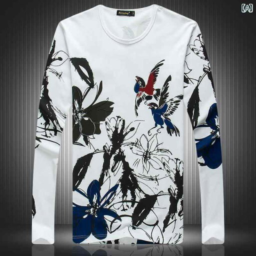 メンズ チャイナ風 個性 水墨画 花 草 ダブル ツバメ 柄 プリント 長袖 Tシャツ トレンド トップスス メンズ チャイナ風 個性 水墨画 花 草 ダブル ツバメ 柄 プリント 長袖 Tシャツ トレンド トップスス