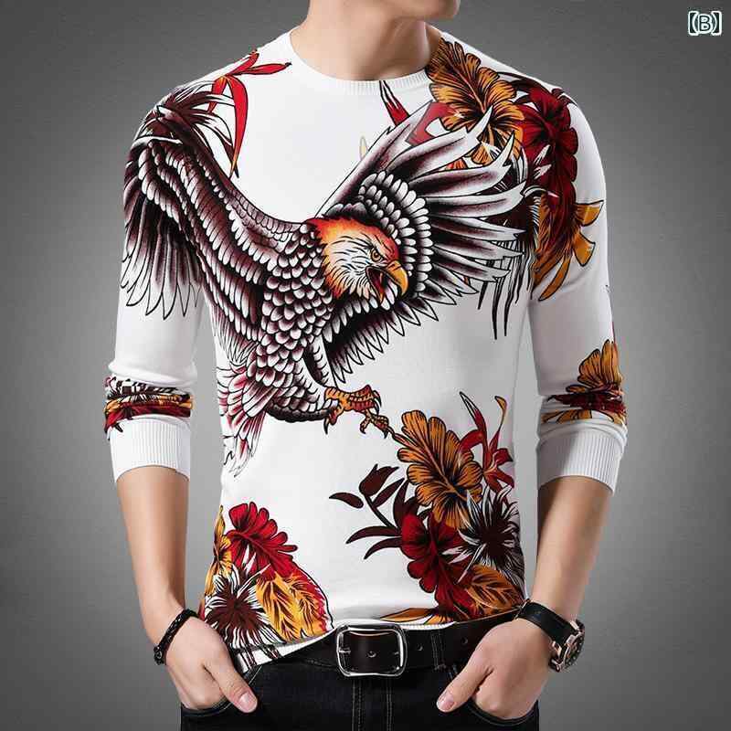 メンズ 秋 トレンド ファンシー セーター おしゃれ イーグル スプレッド 柄 プリント ニット Tシャツ
