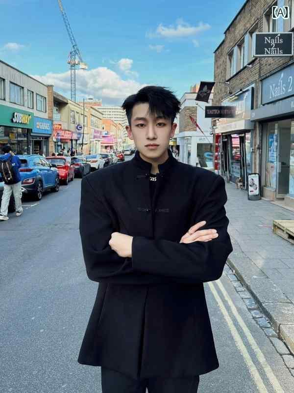 チャイナ風 メンズ チャイナ風 スタンドカラー デスク ボタン ダブルブレスト スーツ ジャケット ジュ..