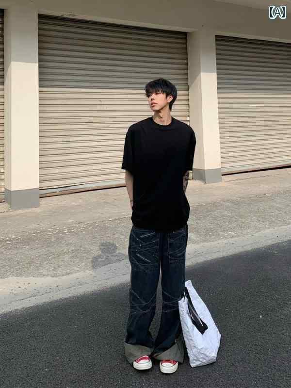 メンズ 黒 Tシャツ 夏 グ 厚手 綿 半袖 アメリカン ストリート 半袖 インナーウェア