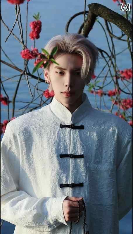 メンズ チャイナ風 チャイナ風 デスク ボタン スタンドカラー シャツ 唐 装 秋 刺繍 柄 シャツ 漢服 ジ..