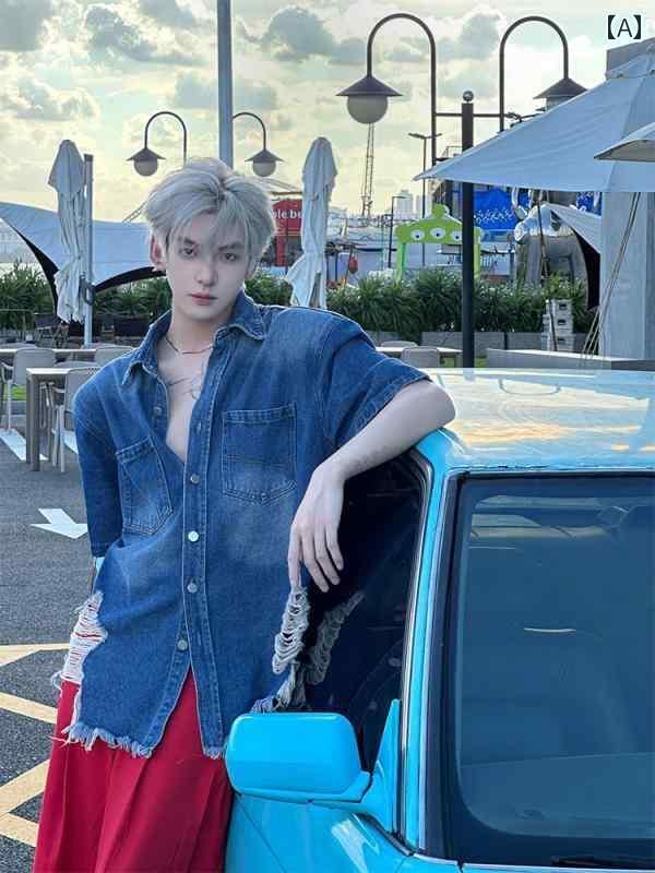 メンズ ブルー 肩パッド入り デニム 半袖 シャツ 夏 薄手 涼しい アメリカン レトロ ワークシャツ ジャケット