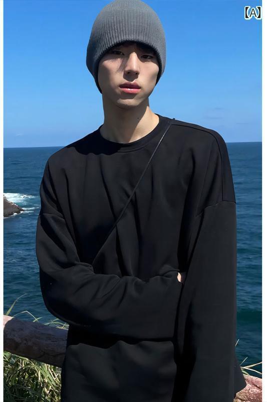 メンズ ラウンドネック スウェットシャツ 春秋 グ コットン 長袖 Tシャツ 黒 小さめ ネック ライン シャツ