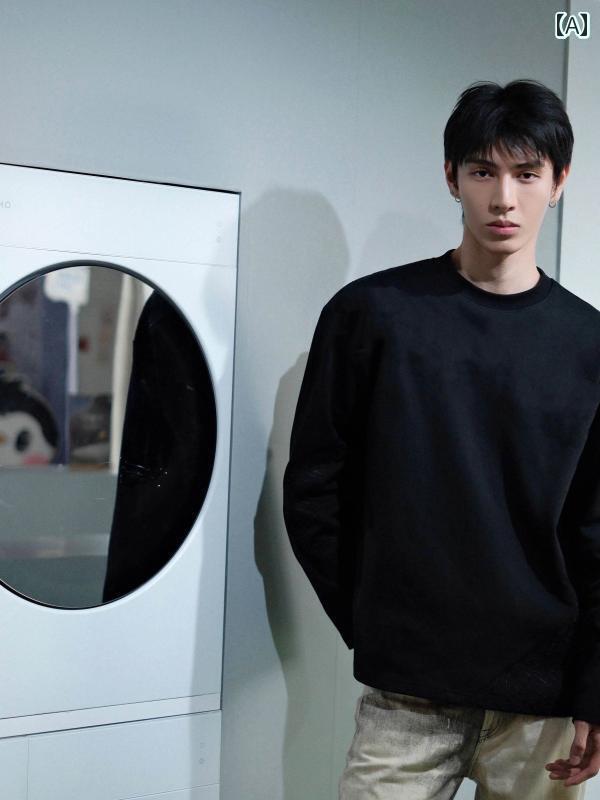 メンズ ブラック スモール カラー フードスウェット シャツ アメリカン レトロ グイン ナーレ イヤリン..