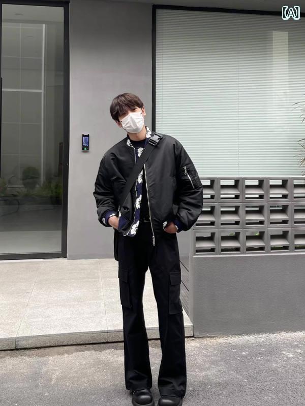 メンズ パンツ アメリカン ストリート ブラック フレア オーバー オール ストレート カジュアル パンツ(4)