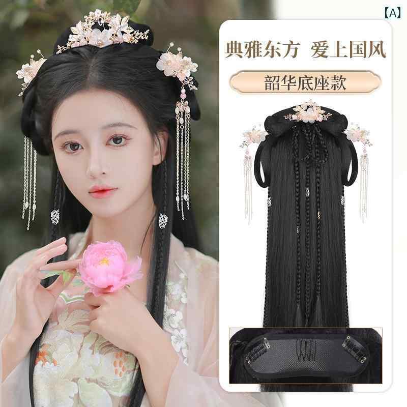 ウィッグ レトロ つけ毛 かつら 舞台 小道具 パフォーマンス コスプレ 漢服 オールインワン ヘア バンド 帽子 フル セット お団子 衣装 デイリー パッド...