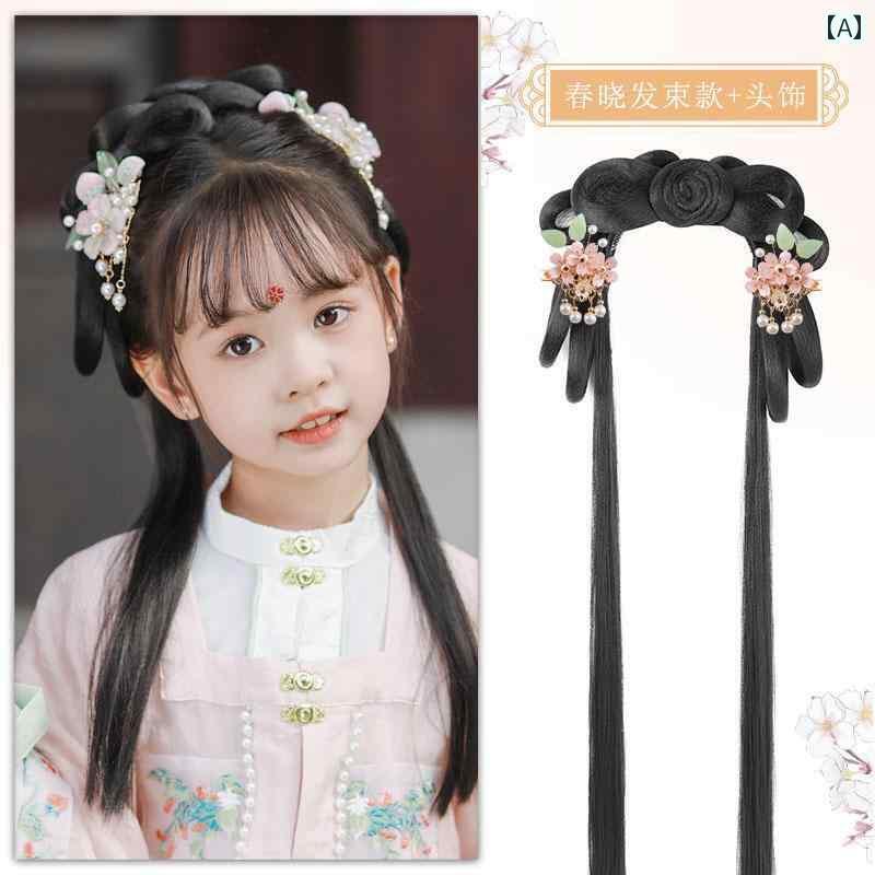 ウッグ レトロ つけ毛 かつら 舞台 小道具 パフォーマンス コスプレ 子供 漢服 バッグ 一体型 ヘッド ..