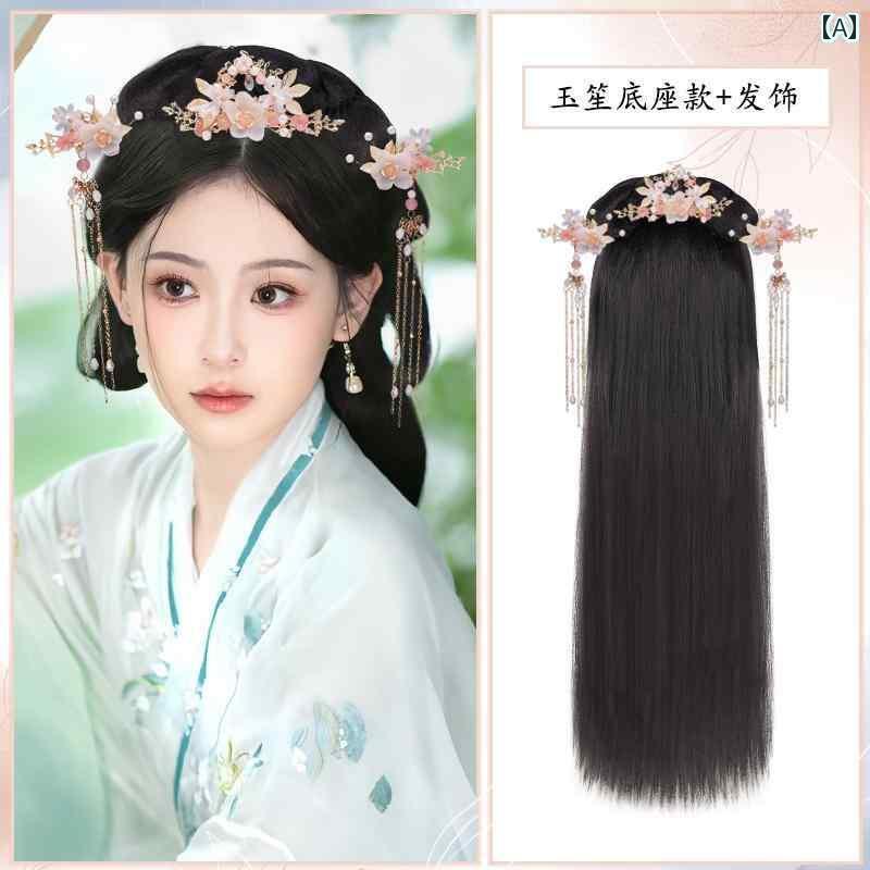 ウィッグ レトロ つけ毛 かつら 舞台 小道具 パフォーマンス コスプレ 漢服 オールインワン ヘッド バンド 帽子 フル セット お団子 ヘア 衣装 セット ...