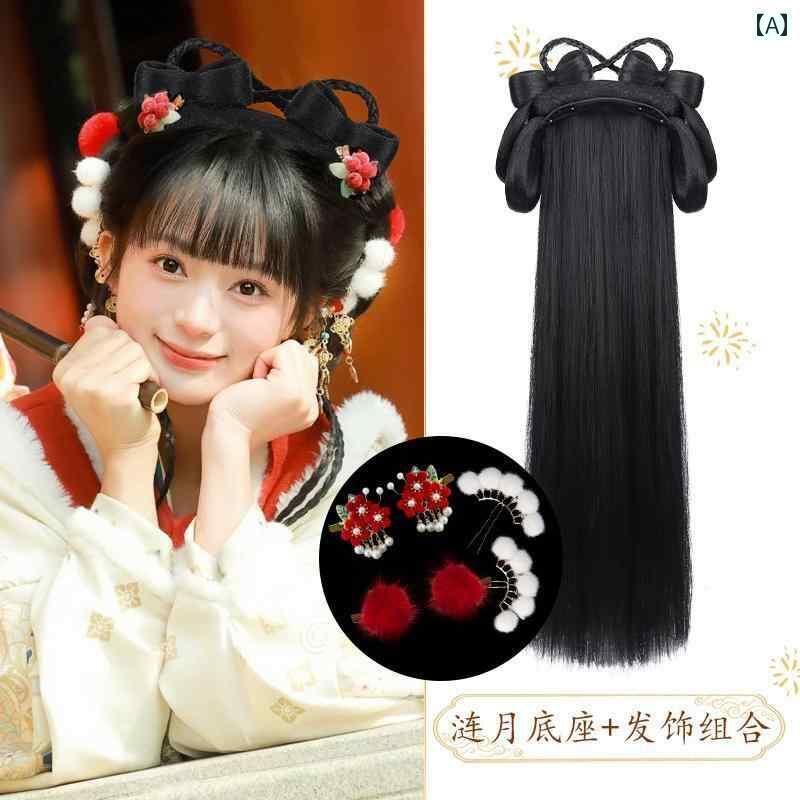 ウィッグ レトロ つけ毛 かつら 舞台 小道具 パフォーマンス コスプレ 漢服 オールインワン ヘア バンド 帽子 フル セット お団子 衣装 明 クッション ...