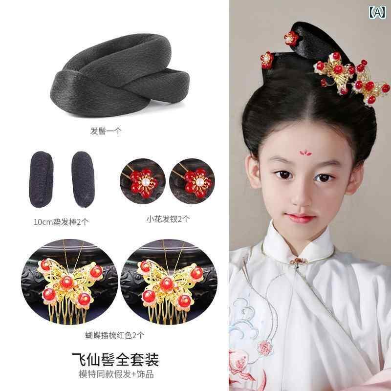 ウッグ レトロ かつら 舞台 パフォーマンス 小道具 コスプレ 衣装 女の子 女の子 韓服 セット ヘア バッグお団子 頭飾り 子供 アクセサリー