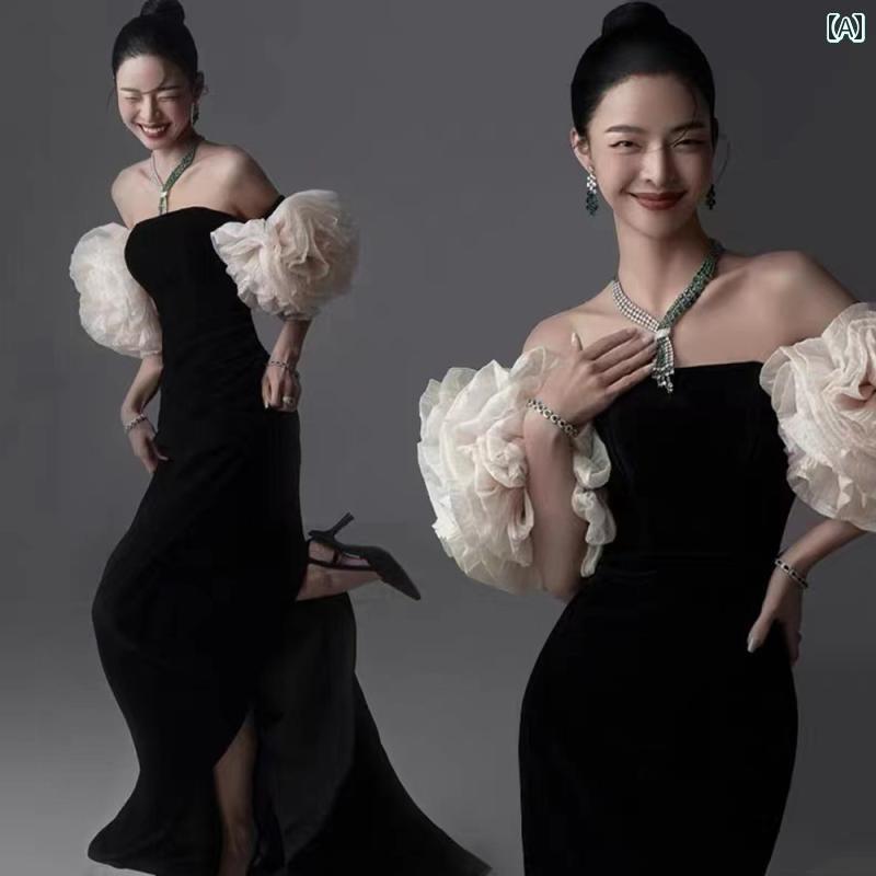 ウェデング フォト 撮影 ドレス 衣装 結婚式 思い出 アート スタジオ カップル レトロ 黒 起毛 フッシュテール