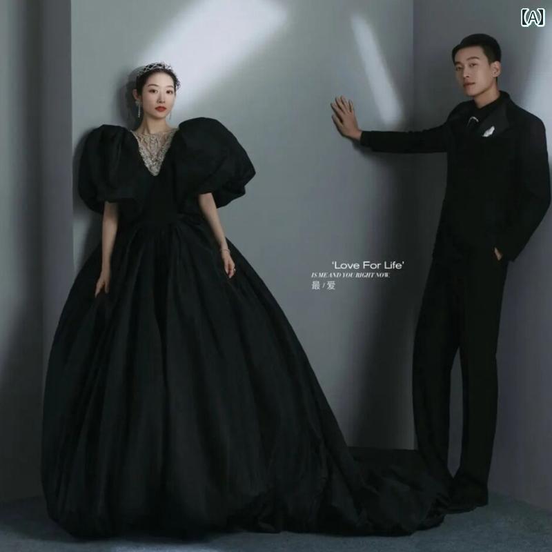 ウェデング フォト 撮影 ドレス 衣装 結婚式 思い出 アート スタジオ 旅行 服 フレンチ レトロ 黒 パフ..