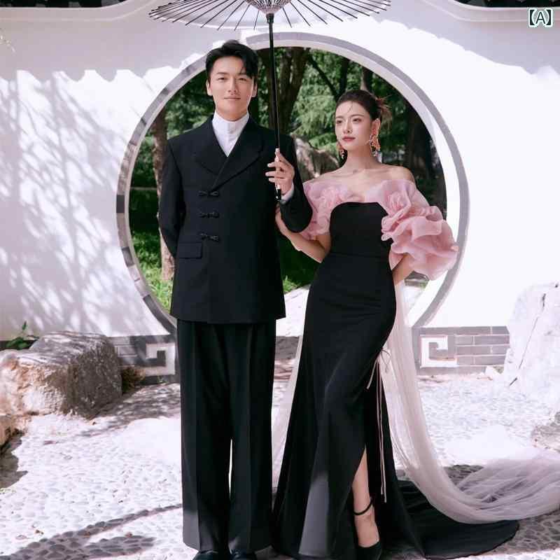 ウェデング フォト 撮影 ドレス 衣装 結婚式 思い出 アート スタジオ カップル 庭 スリム 小さめ テール サテン ピンク パフスリーブ