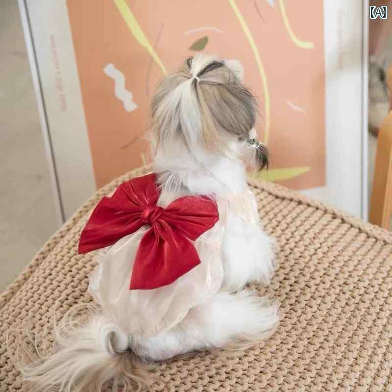 ペット 服 春夏 フラグ スリーブ リボン ドレス ガーゼ スカート テディ ビション 犬 猫