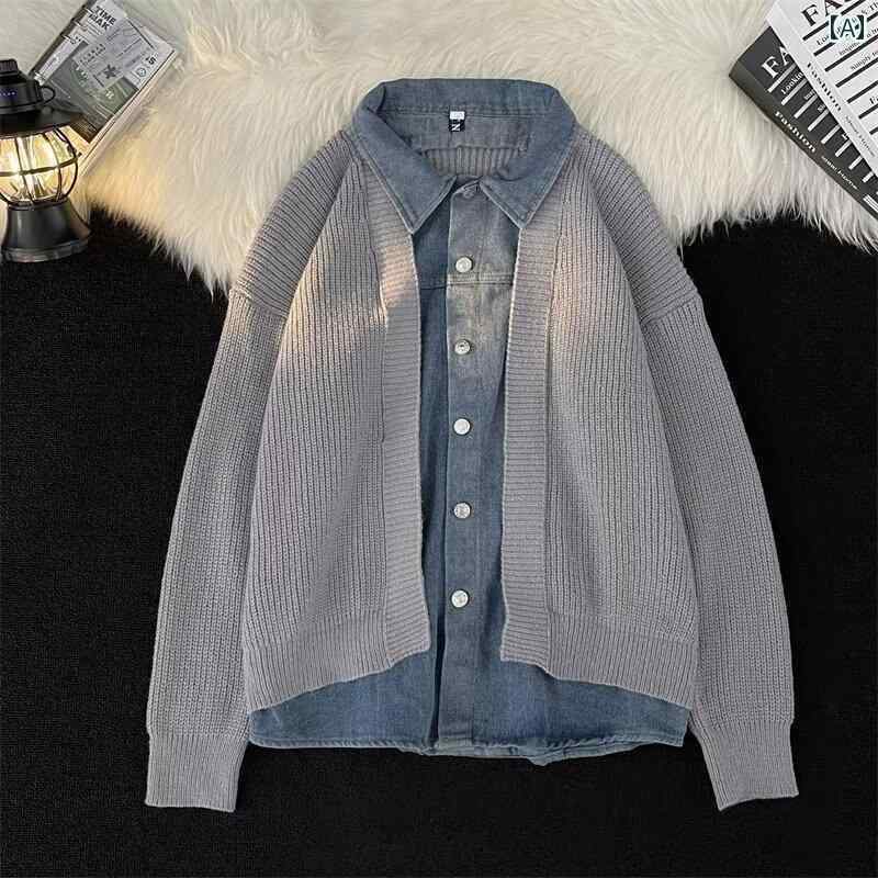 メンズ デニム カーディガン セーター 韓国 フェイク セットアップ ニット カップル カジュアル セーター ジャケット