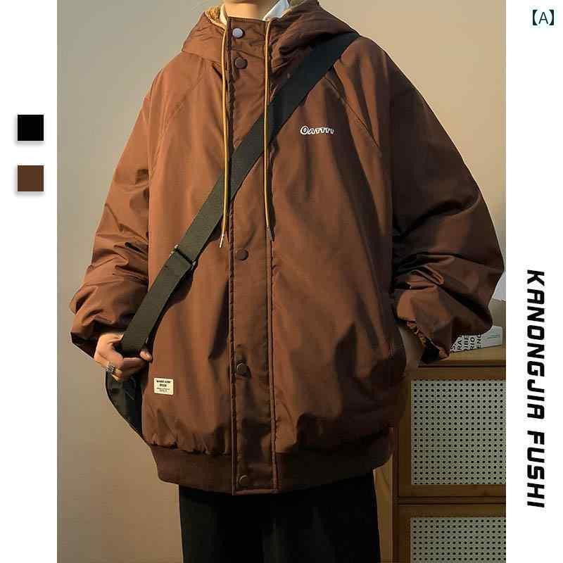 メンズ リバーシブルウール コート レトロ ストリート 刺繍 ヒップ ホップ 暖かい フード コットンコート