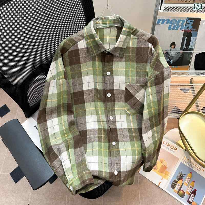 メンズ アメリカン レトロ グリーン チェック シャツ 春秋 カップル カジュアル シャツ ジャケット