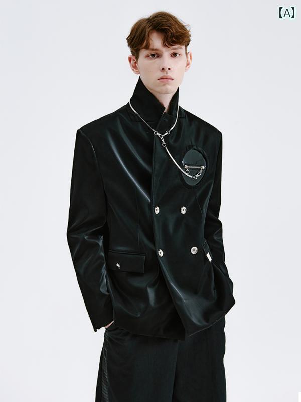 メンズ 次元 無限 黒 カジュアル スーツ 金属 チェーン ミラー スーツ ジャケット