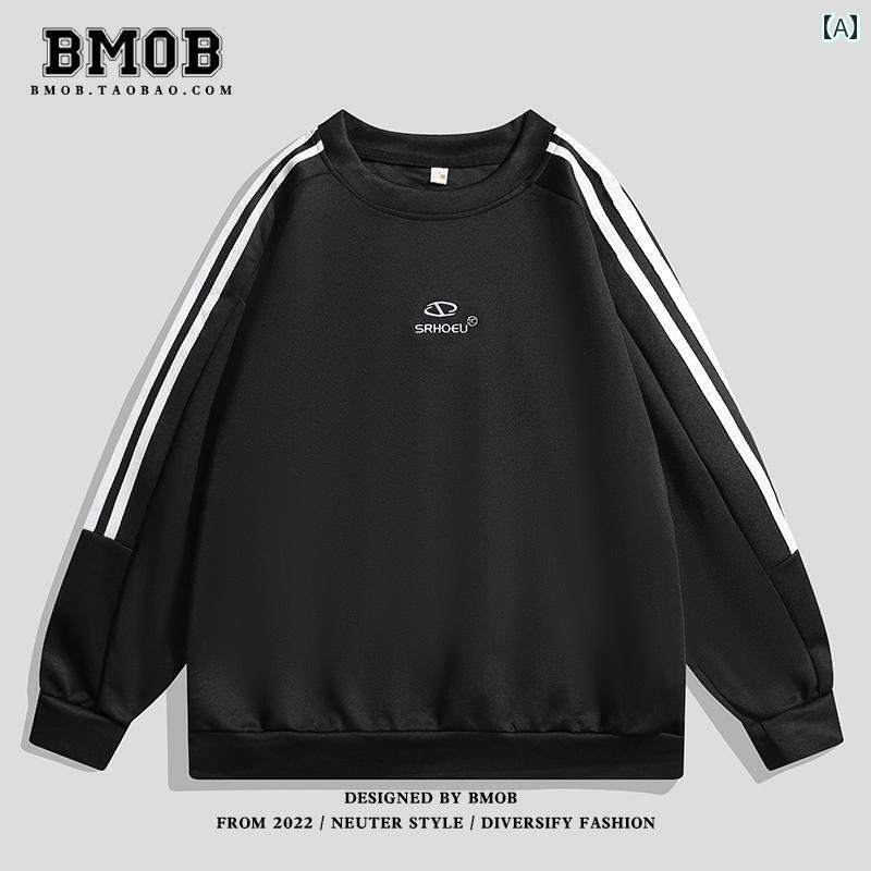 メンズ トレンド オーバー サイズ ストライプ ラウンドネック スウェットシャツ 春秋 ストリート カジュアル トップスス