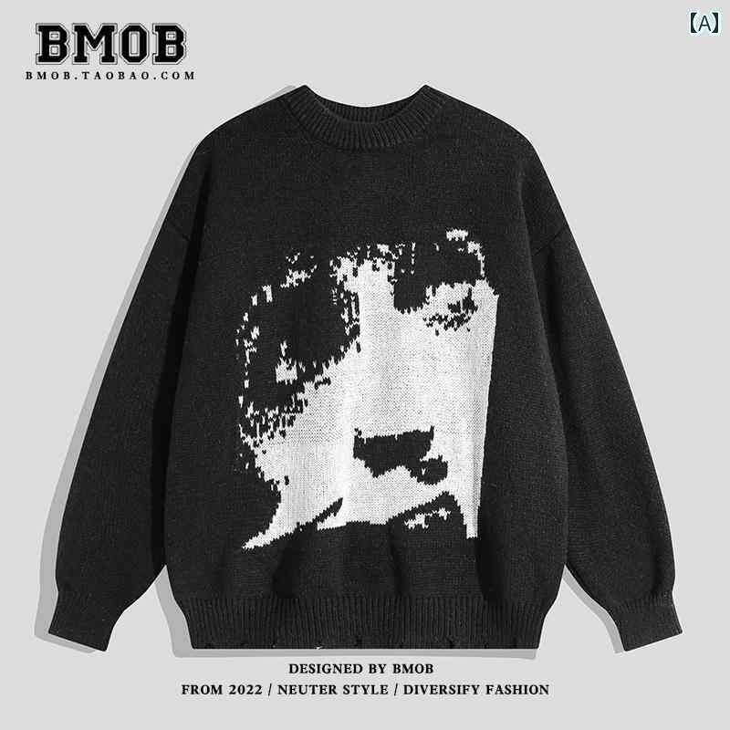 メンズ アメリカン レトロ ニット セーター 抽象 顔 セーター レディース 秋冬 ラウンドネック ストリート トップスス