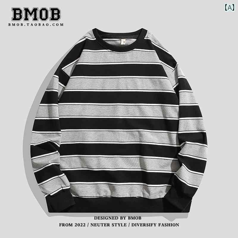 メンズ 春秋 スウェットシャツ オーバー サイズ ストライプ トレンド カジュアル シャツ コットン Tシャツ(4)