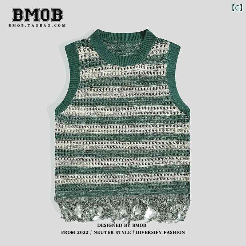 メンズ レトロ タッセル ストライプ レディース ニット ベスト カジュアル BF チョッキ